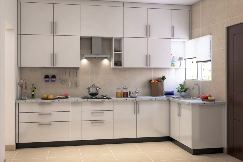 Modern white L-Shaped Kitchen Cabinets with quartz countertop in a compact kitchen design