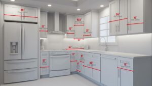 layout of white L-Shaped Kitchen Cabinets with labeled dimensions for wall, base, fridge, and corner units