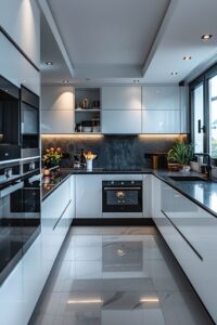 Customized modular kitchen layout with flexible cabinet configurations