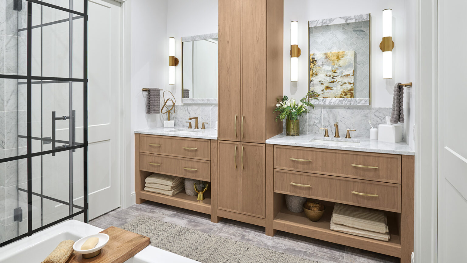 Modern double vanity with natural wood finish and marble countertop, an elegant example for homeowners choosing bathroom cabinets in a stylish Mississauga bathroom