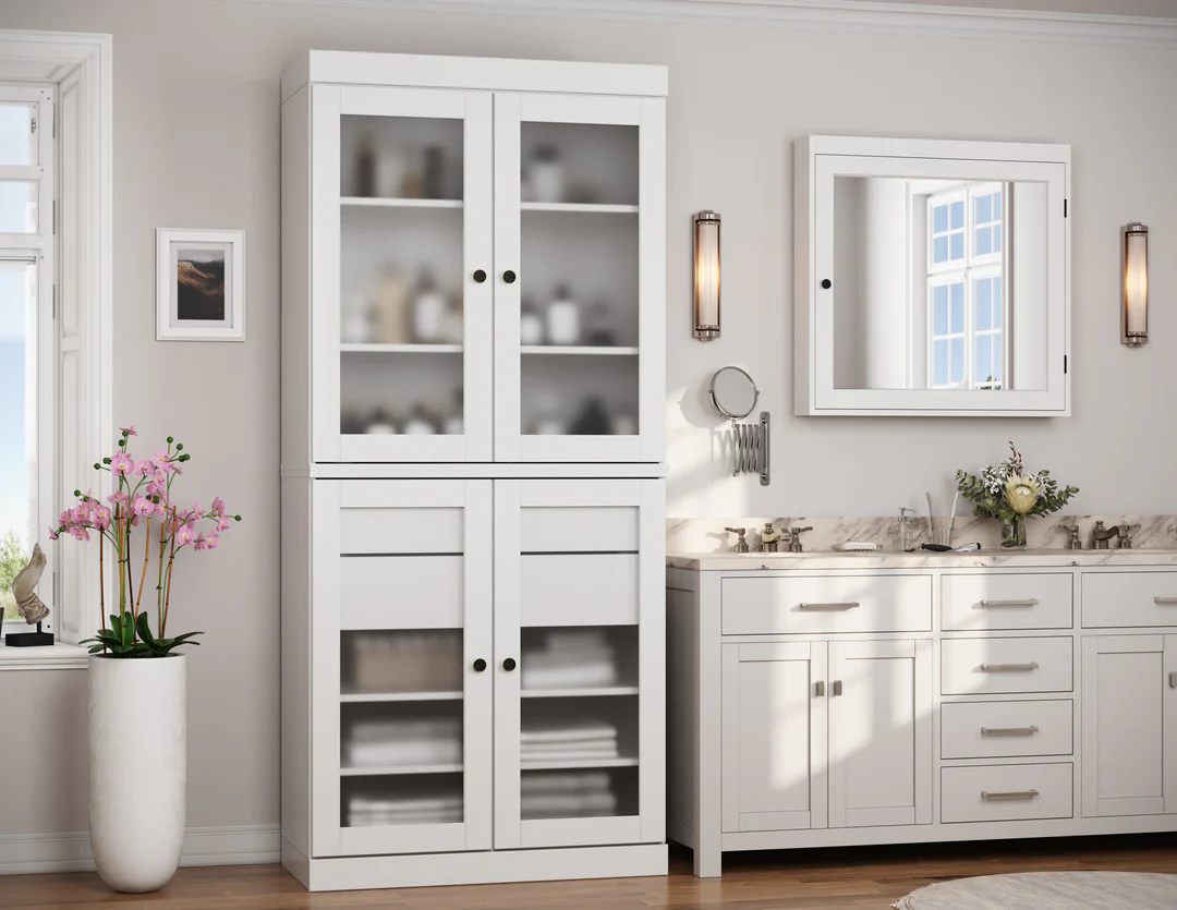 "White Bathroom Cabinets With Glass doors in a modern Mississauga home interior