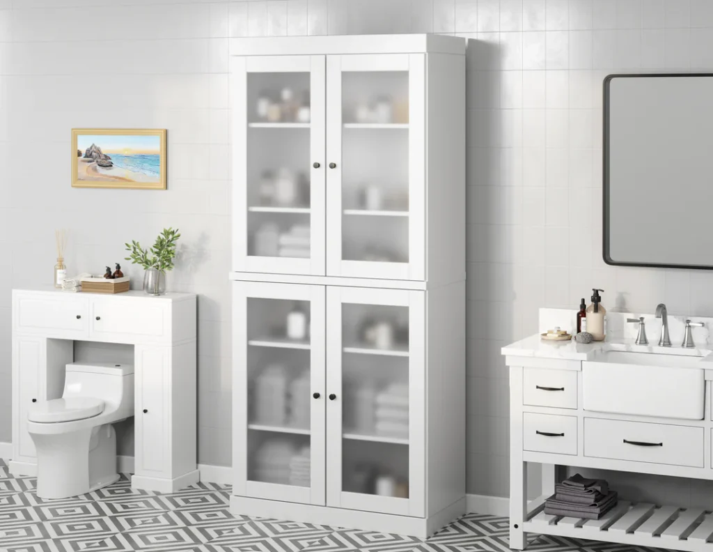 White bathroom cabinets with frosted glass doors in a modern minimalist bathroom