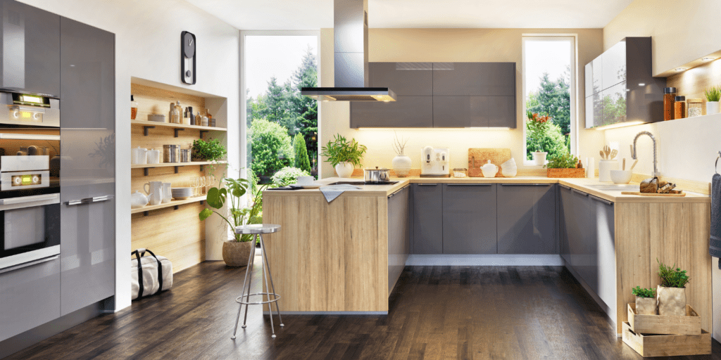 Modern U-Shaped Kitchen Cabinets with glossy gray flat-slab doors and natural wood accents