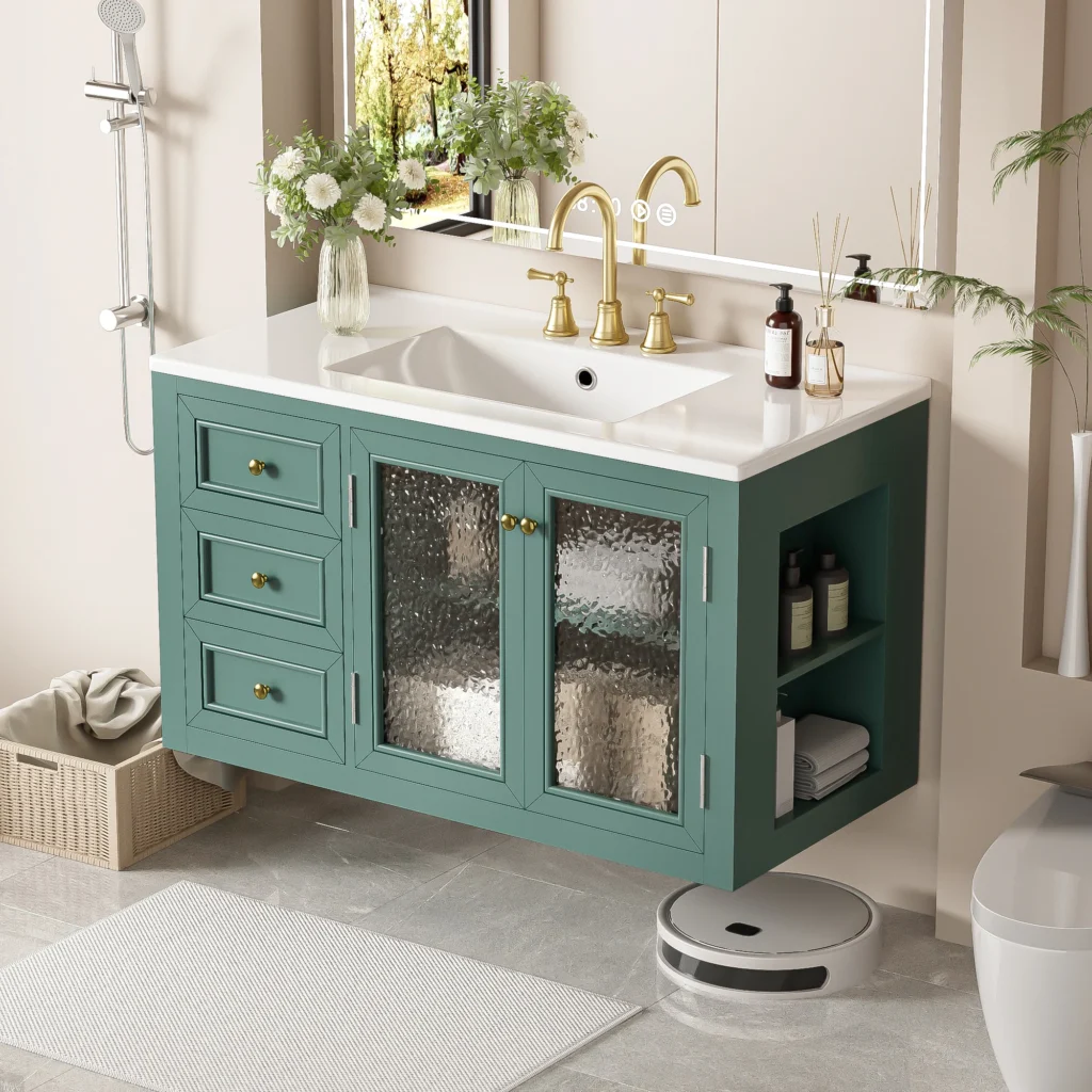 Green wall-mounted bathroom vanity with textured or patterned glass doors and ceramic sink
