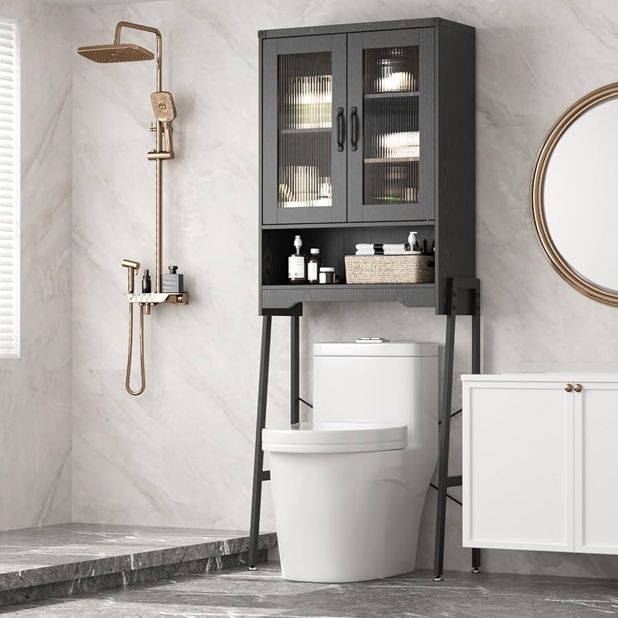 "Black over-the-toilet bathroom cabinet with tempered glass doors and modern storage design