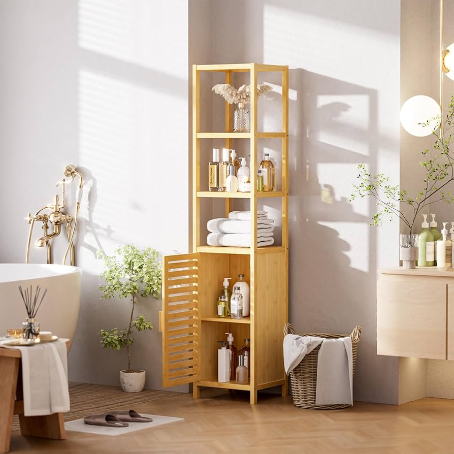 Rapidly Renewable Bamboo Bathroom Cabinet – Eco-Friendly Storage Tower with Shelves and Door in Modern Spa Design