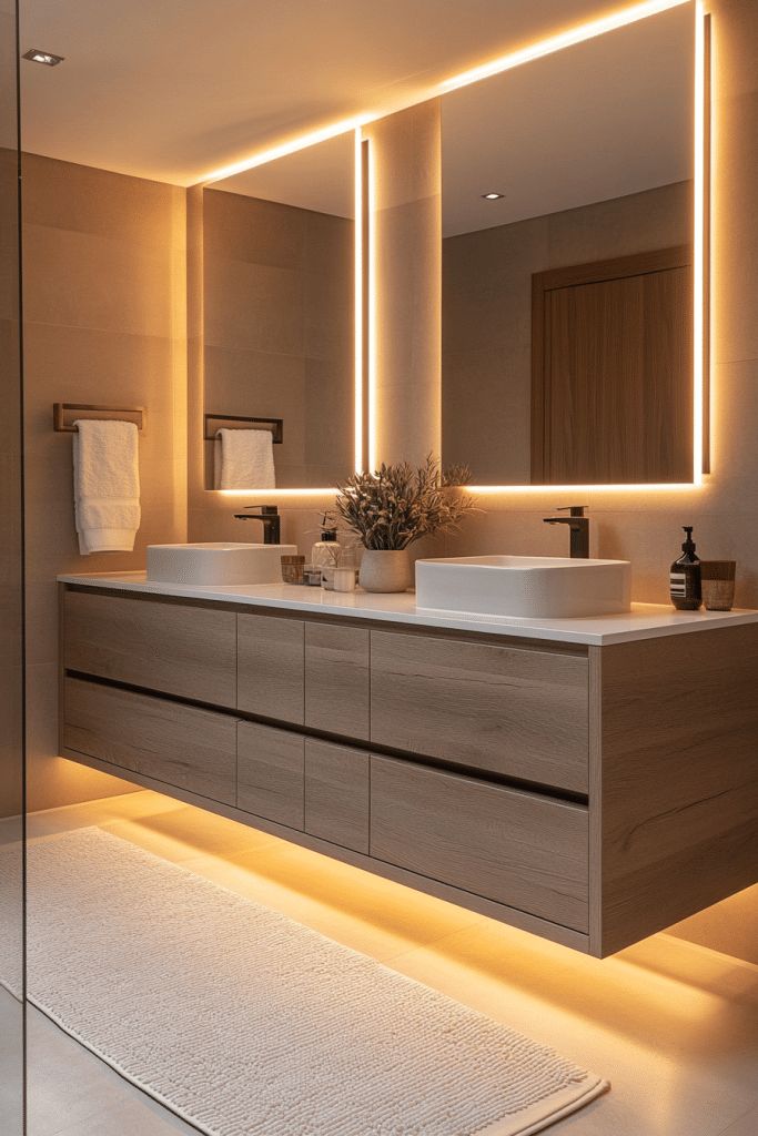 Modern Wood Floating Bathroom Vanity with LED Mirror and Warm Ambient Lighting