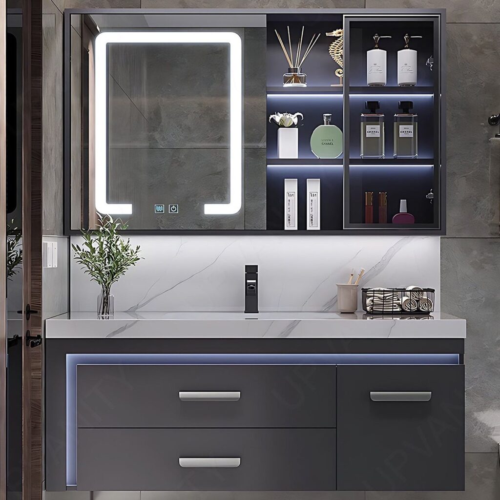 Modern Bathroom Cabinet with LED Mirror and Illuminated Storage Shelves