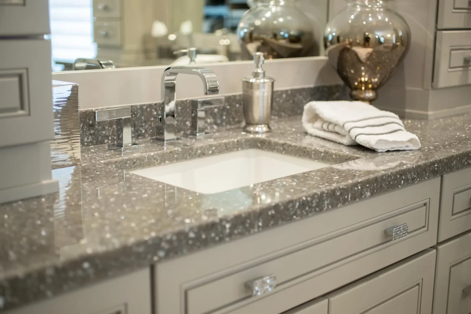 Bathroom cabinets with granite countertops featuring a polished gray speckled stone surface and modern sink