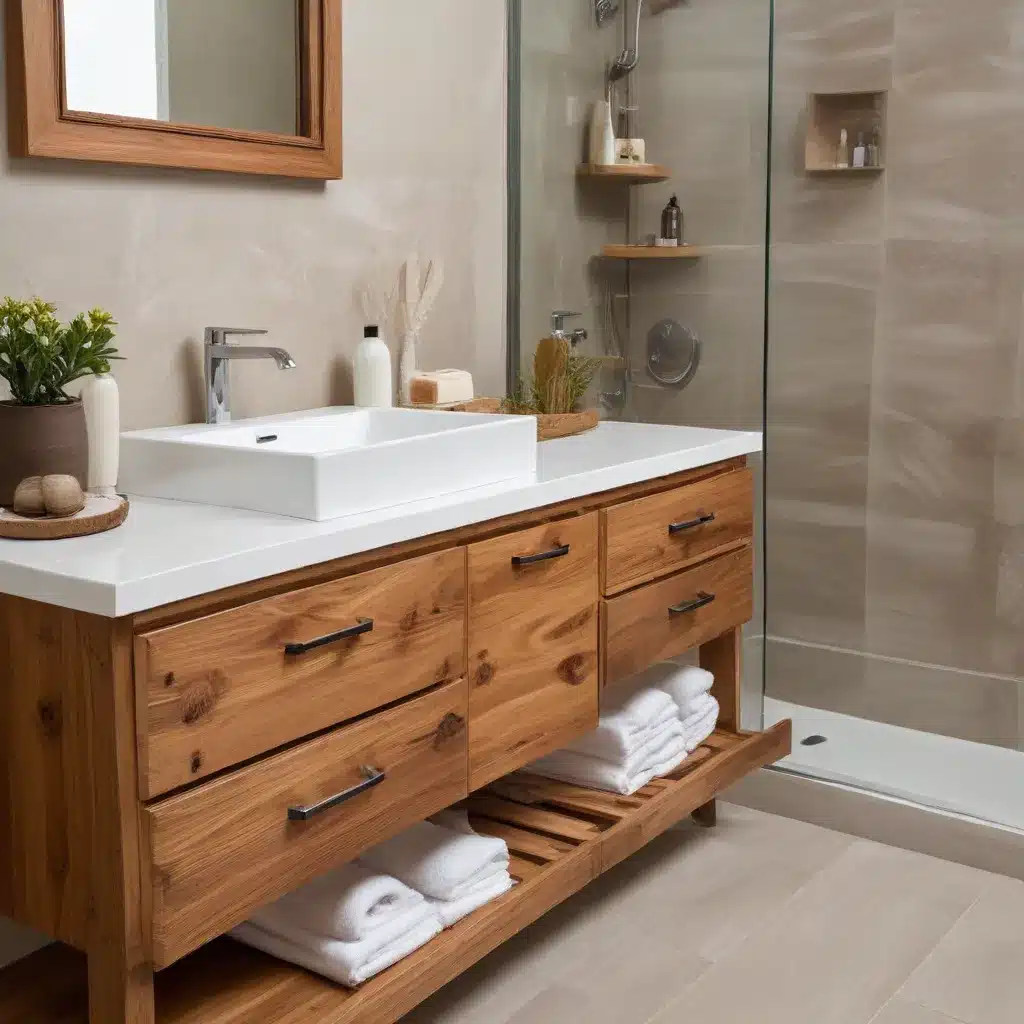 Wood bathroom vanity with drawers and open shelf – Moisture-Resistant Bathroom Cabinets with white countertop and modern sink