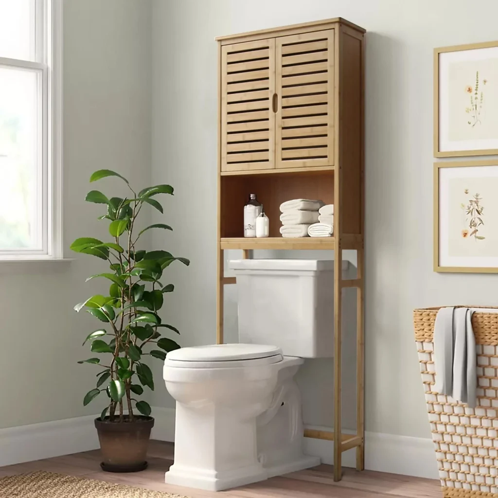 Tall over-the-toilet bathroom cabinet for small bathrooms with vertical storage shelves and doors
