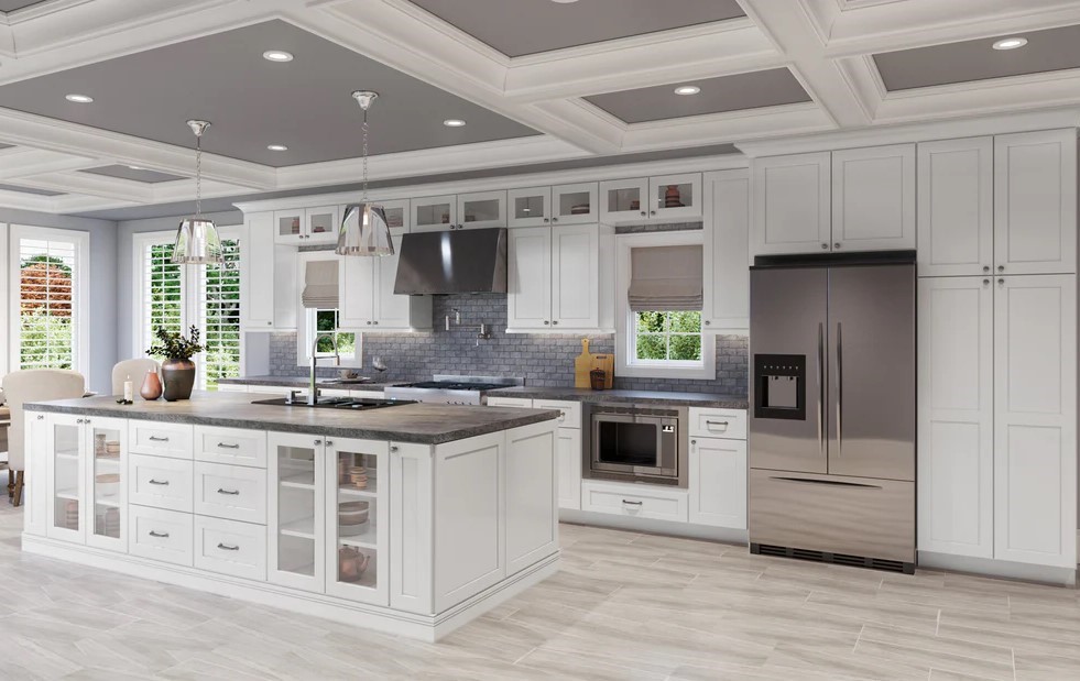 Spacious modern kitchen with white RTA cabinets, large island, and stainless steel appliances for a sleek contemporary design.
