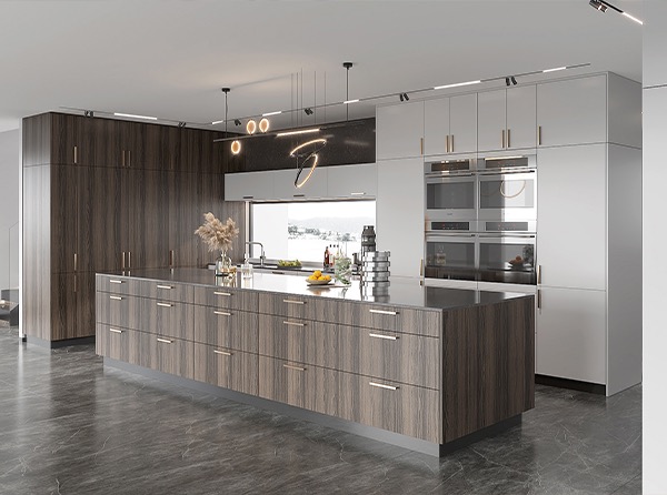 Modern kitchen design featuring premium RTA cabinets with wood grain island and white tall units