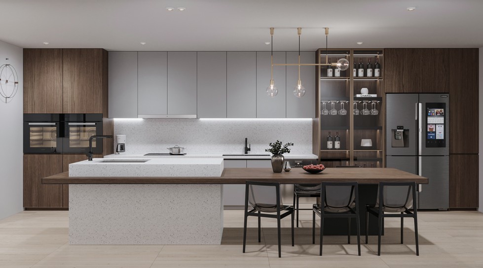 Luxury modern kitchen with high-end RTA cabinets in Canada, featuring furniture-grade plywood, soft-close hardware, and quartz island design (2025)