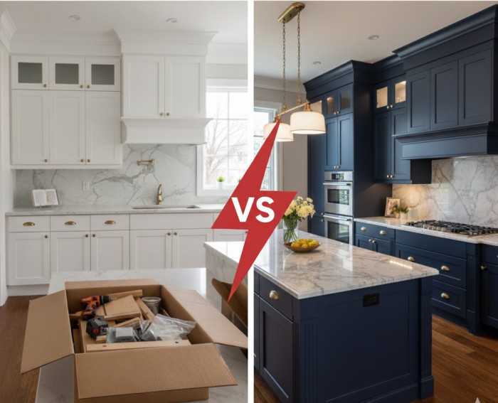 RTA Cabinets vs Semi-Custom Cabinets in Canadian Kitchens – White Flat-Pack RTA vs Blue Semi-Custom Design