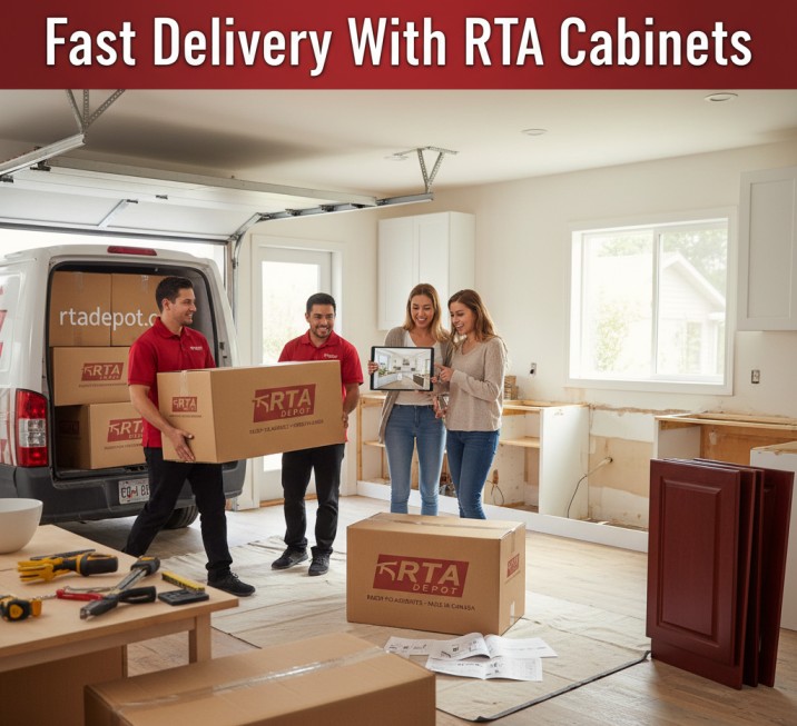 Fast Delivery RTA Cabinets in Canada – team delivering flat pack kitchen cabinets to homeowners