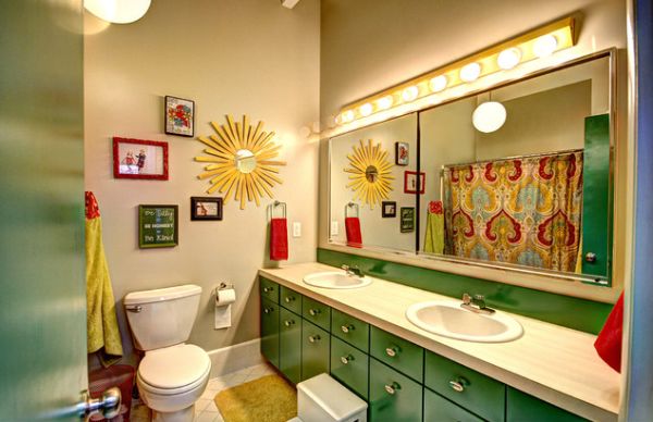 Child-Safe Bathroom Cabinets in a colorful family bath with green double-sink vanity, step stool, and rounded knobs