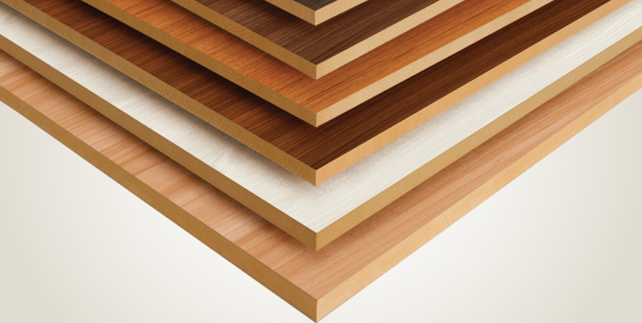 Melamine and Laminate Cabinets board samples showing layered wood finishes