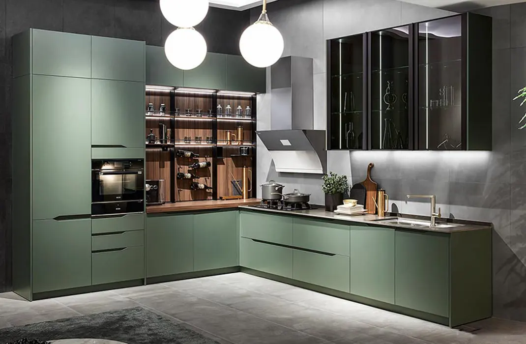 Modern kitchen design featuring green Lacquer Finish For Cabinets with integrated appliances and glass display units