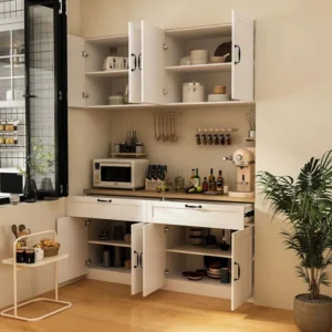 Modern kitchen setup with white engineered wood cabinets using black handles and concealed Hinges for Engineered Wood Cabinets, showing open upper and lower storage compartments