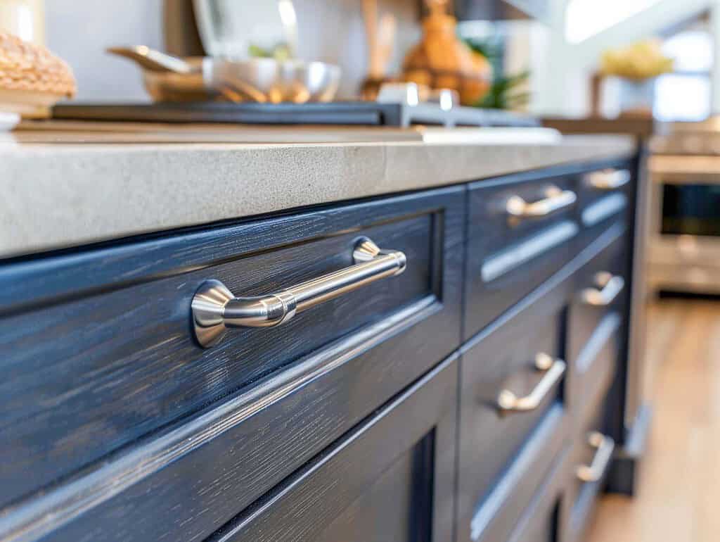 Stainless steel bar pulls on navy blue kitchen drawers – Modern Cabinet Handle Styles for Canadian Homes