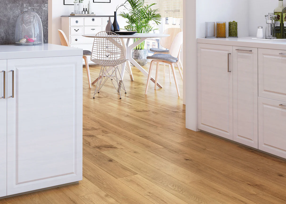 Modern Canadian kitchen with white cabinets and wood flooring using Waterproof Technology in engineered wood