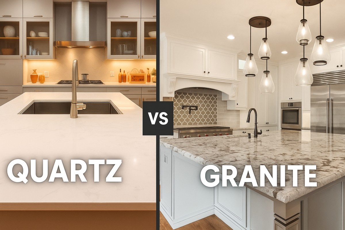 Quartz vs Granite Countertops side-by-side comparison in modern Canadian kitchens showing white quartz surface and natural granite pattern