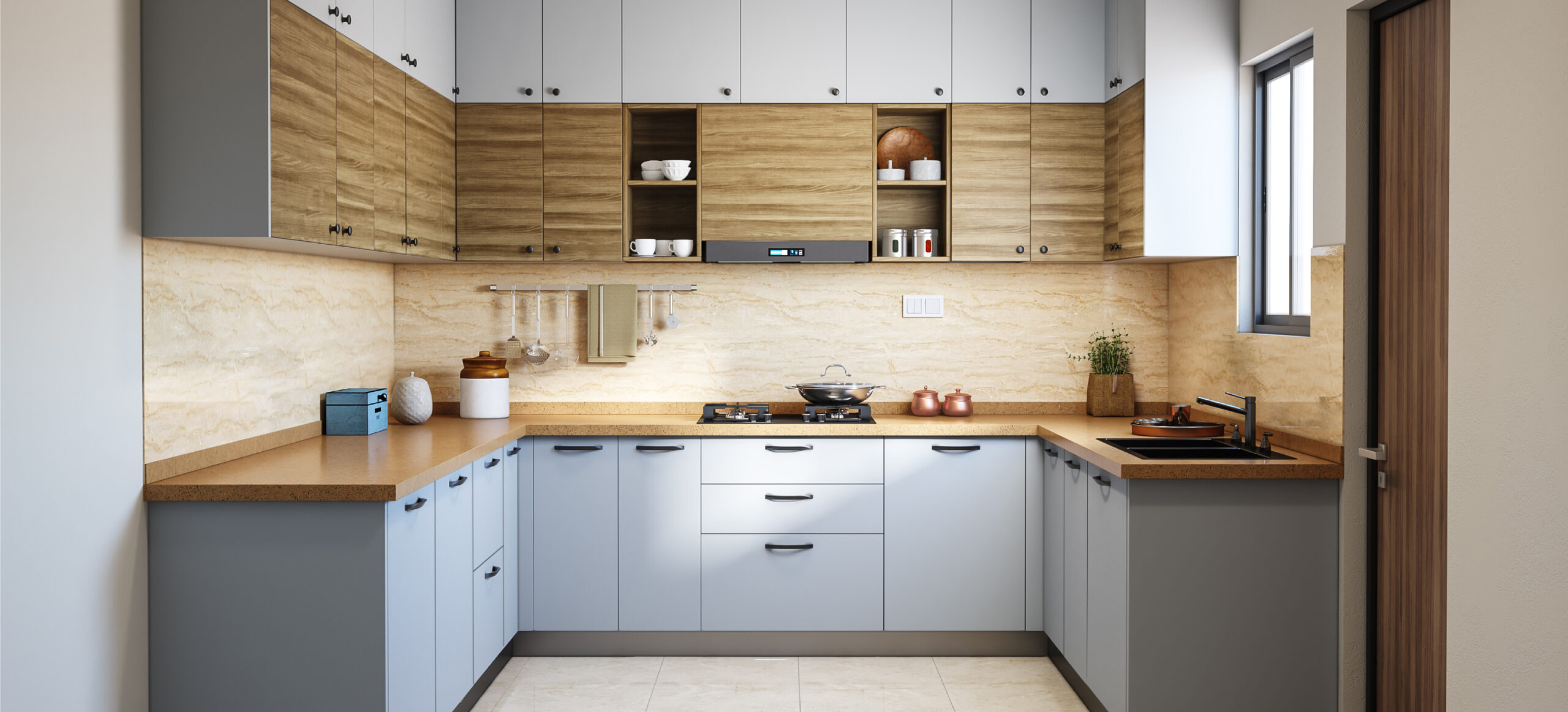 Modern U-Shaped Kitchen Cabinets with light wood and gray finish, maximizing storage and workspace