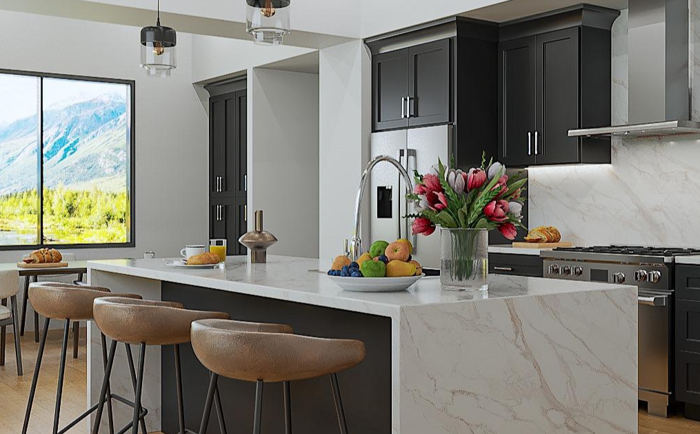 Modern kitchen with black shaker-style RTA cabinets, marble countertops, and a central island with bar seating, showcasing premium Canadian design.