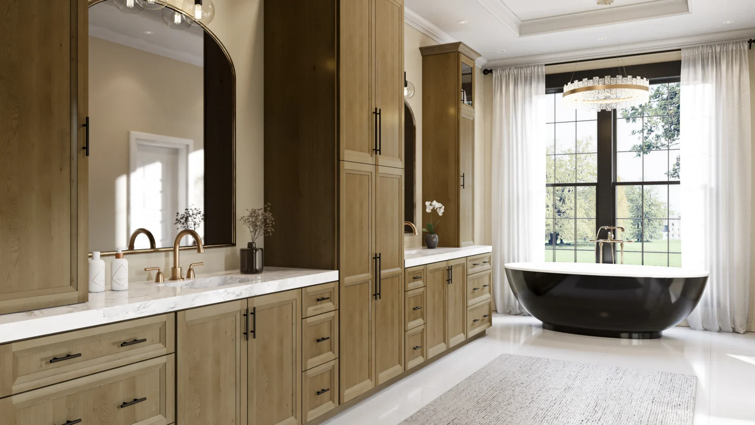 Modern RTA Bathroom Cabinets with double-sink vanity, shaker doors, and gold hardware in a bright Mississauga bathroom