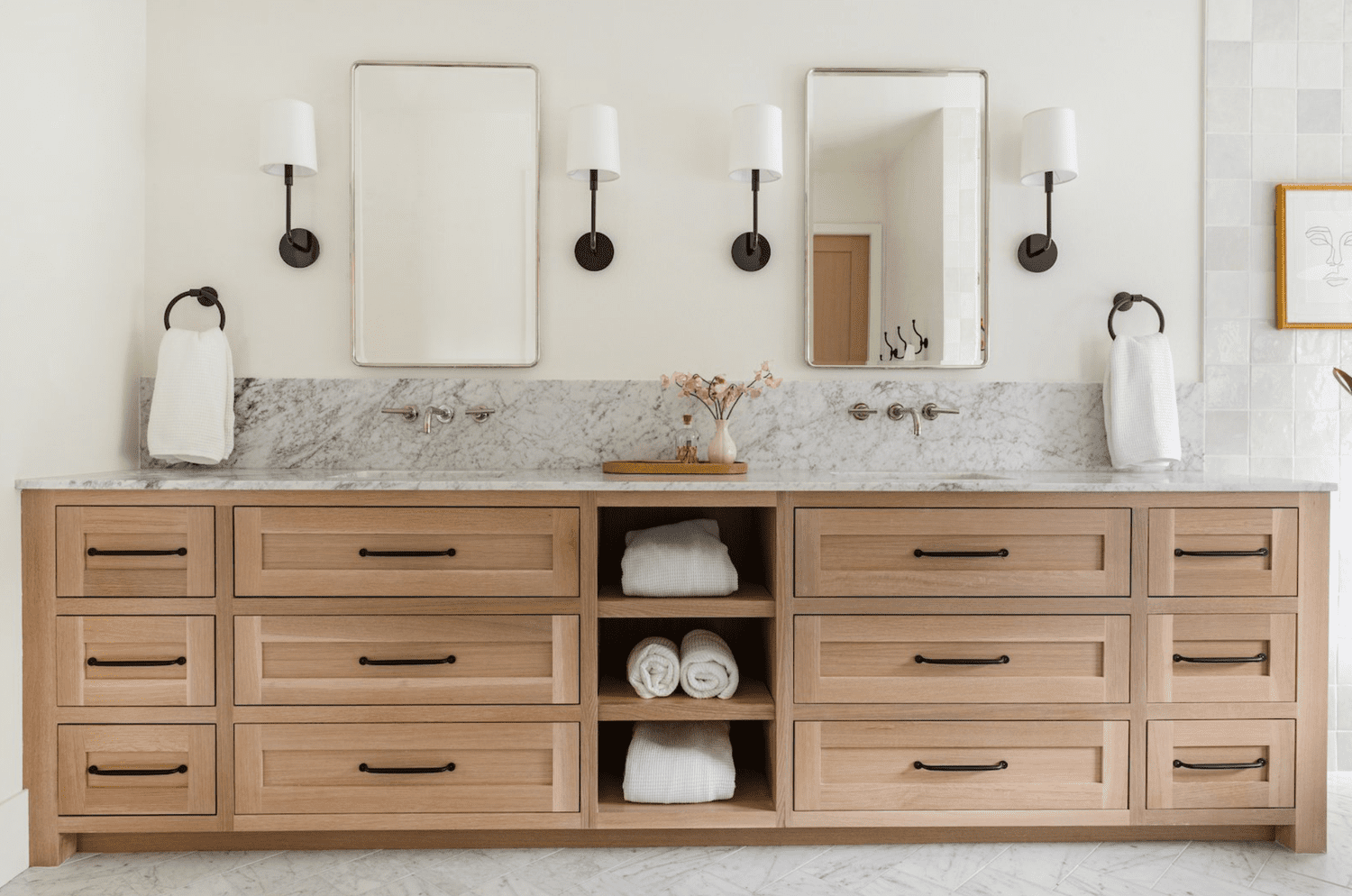Spacious double vanity with wooden drawers and marble countertop, perfect Bathroom Cabinets for Large Families with ample storage solutions