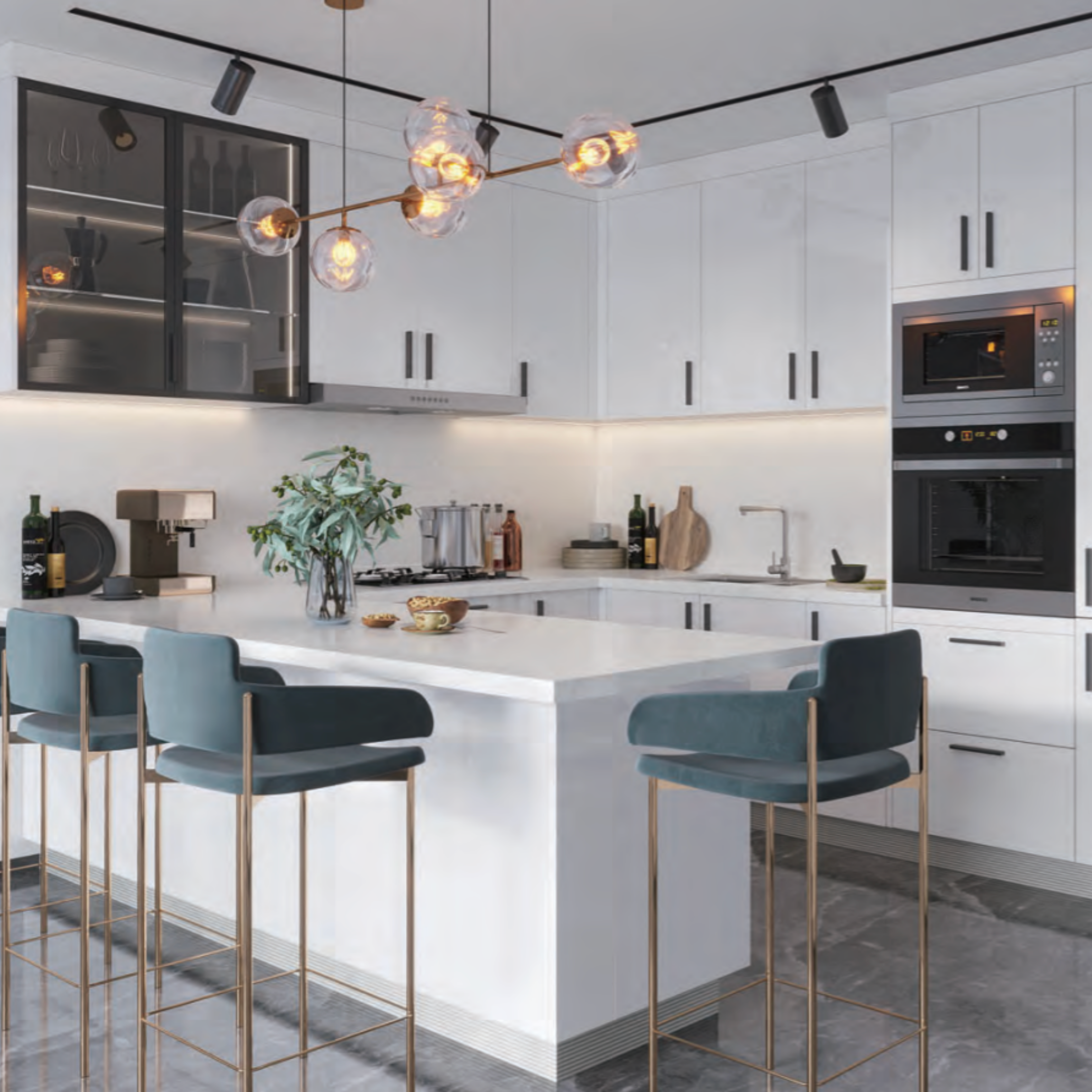 Modern kitchen with glossy white RTA cabinets, minimalist handles, and sleek island seating – showcasing the latest RTA Cabinet Trends for 2025