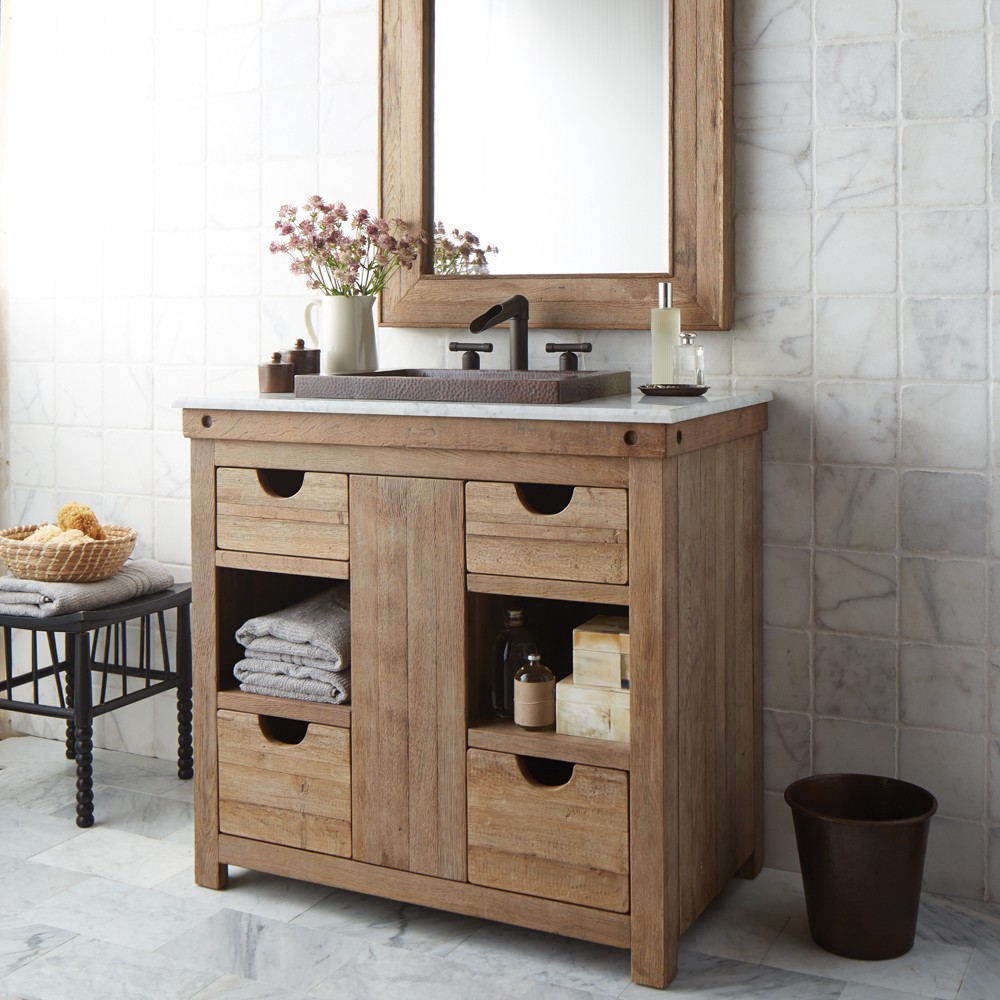 FSC-Certified and Reclaimed Wood Bathroom Vanity – Eco-Friendly Rustic Cabinet with Marble Countertop