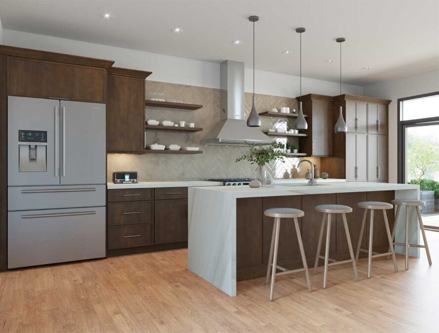 Modern kitchen with dark wood RTA cabinets, white island, and stainless steel appliances.