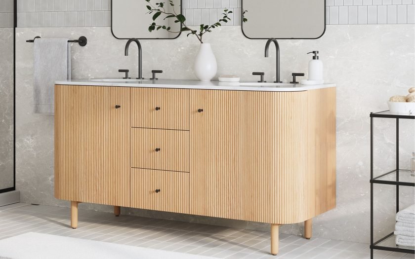 Eco-Friendly Bathroom Cabinets in Mississauga – Sustainable Double Vanity with Bamboo-Style Finish and Quartz Countertop