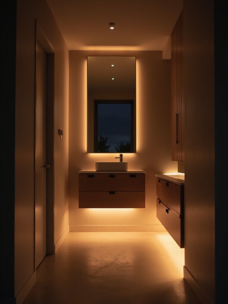 Modern Floating Bathroom Vanity with LED Backlit Mirror and Warm Ambient Lighting