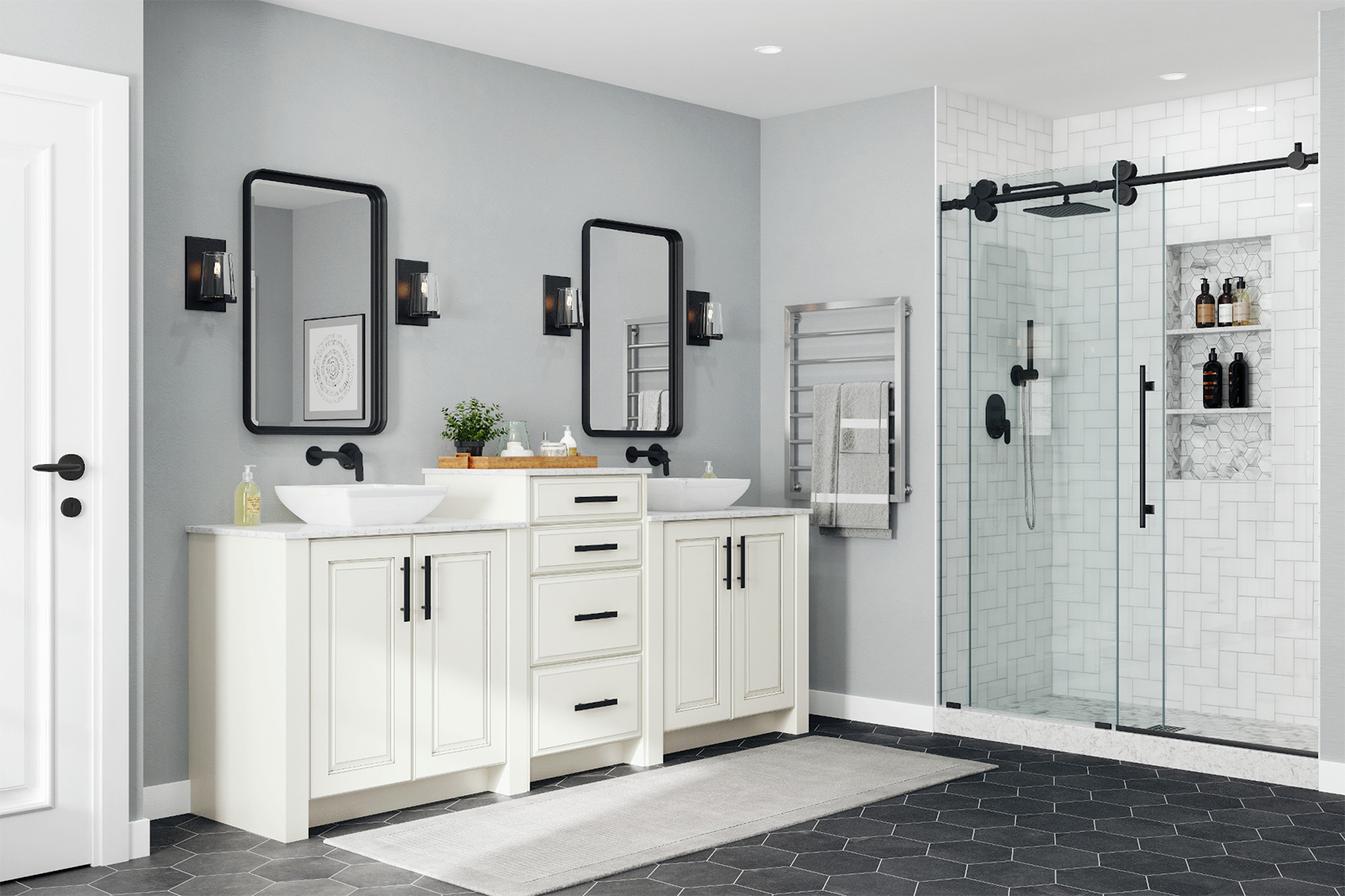 Tips to keep bathroom cabinets clean and modern with white vanity, double sinks, and glass shower design