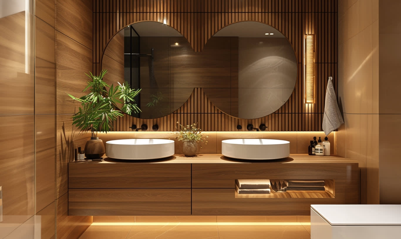 Modern bathroom cabinets in natural wood finish with under-cabinet lighting, double round mirrors, and dual vessel sinks for a sleek spa-like design.