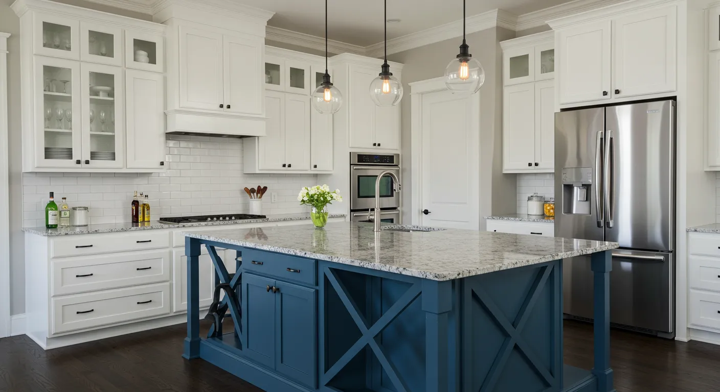 White shaker RTA cabinets with blue island, granite countertop and pendant lights in a modern kitchen