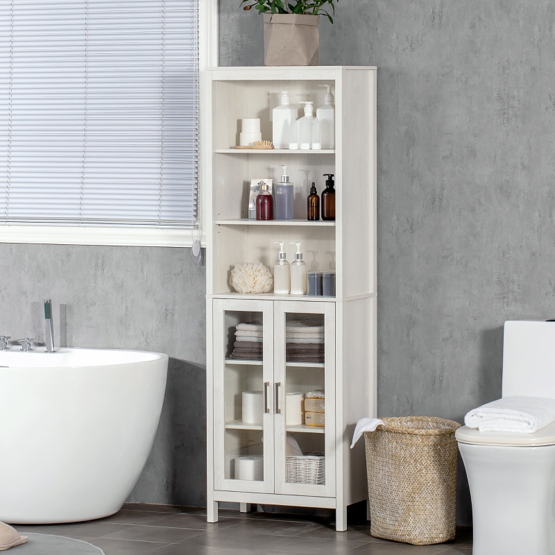 Tall white bathroom cabinet with clear glass doors for modern storage and organization
