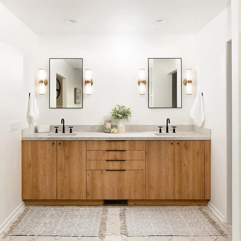 Modern bathroom with wood grain cabinets, double sink vanity, and minimalist design – premium Kitchen & Bathroom Cabinets