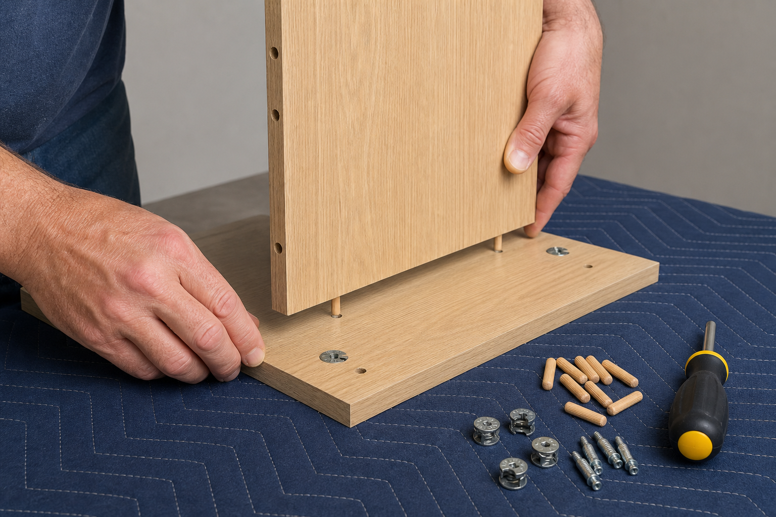 Hands joining RTA cabinet panels with dowels and cam-lock fittings