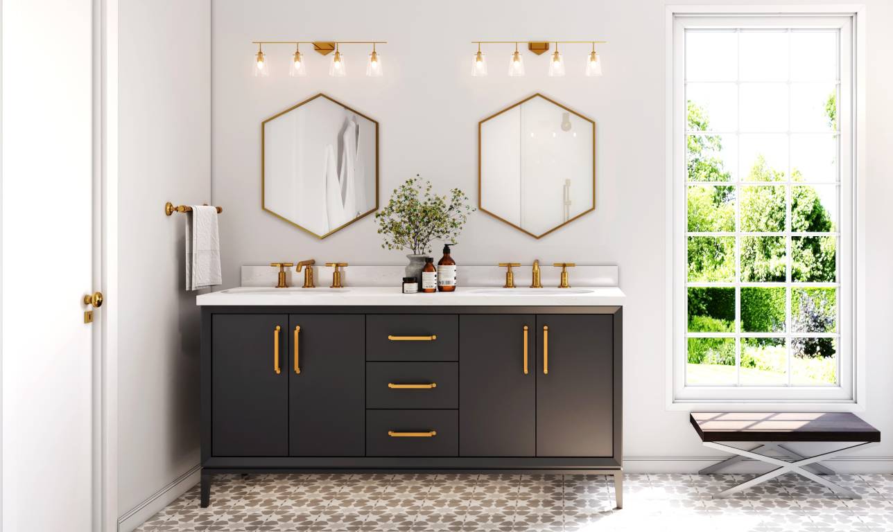 Modern luxury bathroom cabinets with gold fixtures, quartz countertop, hex mirrors, and patterned floor by a bright window