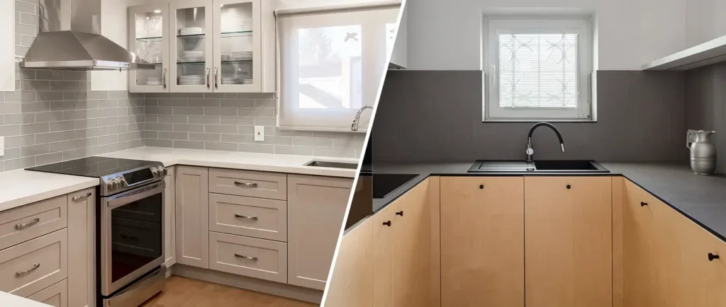MDF vs Plywood Bathroom Cabinets comparison showing modern grey shaker style vanity versus minimalist plywood cabinets