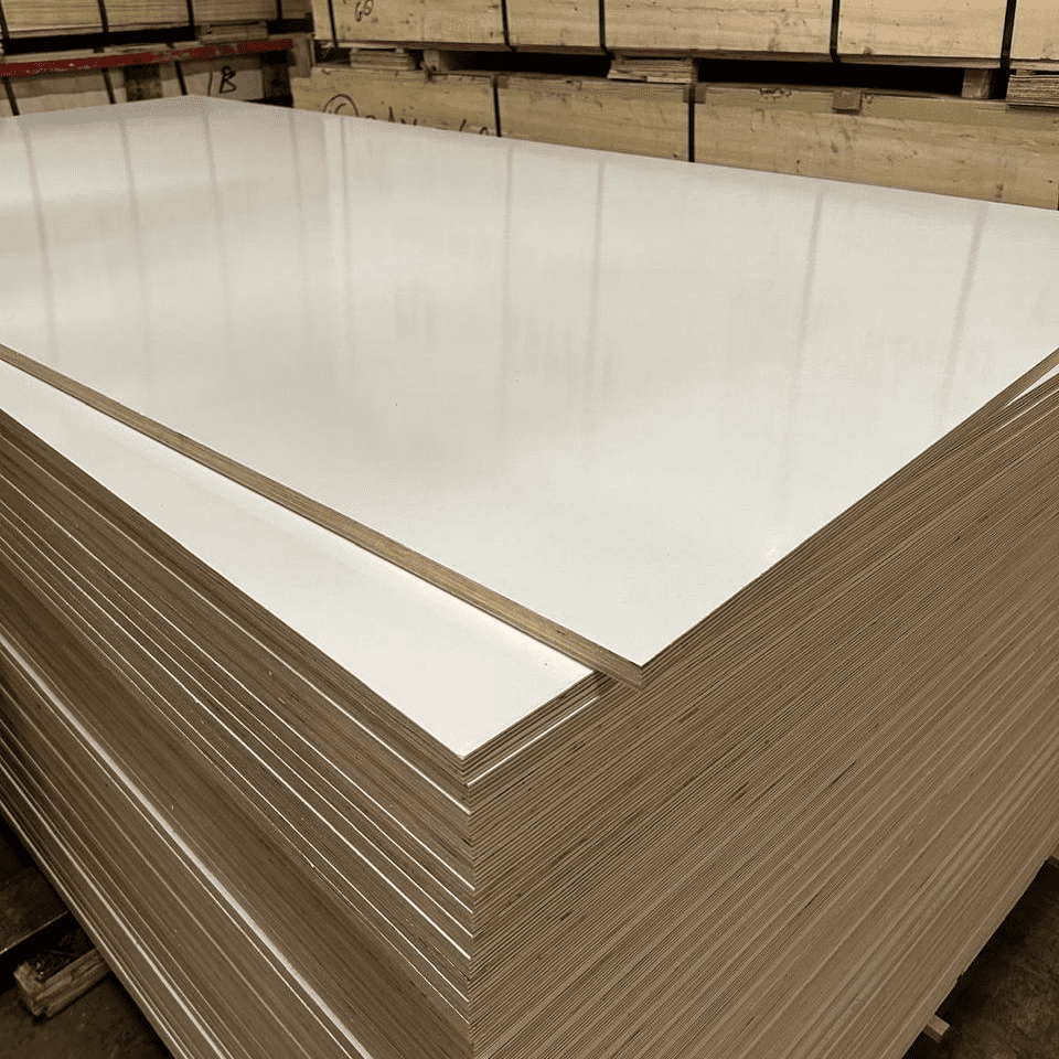 Glossy white scratch-resistant melamine (TFL) MDF panels stacked for RTA kitchen cabinets
