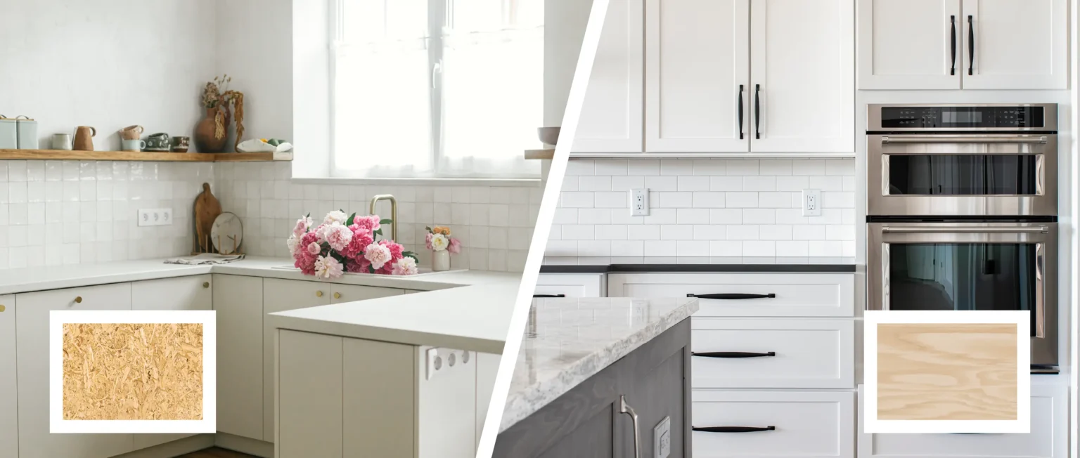 MDF vs Plywood Bathroom Cabinets side by side comparison showing material samples and installed kitchens