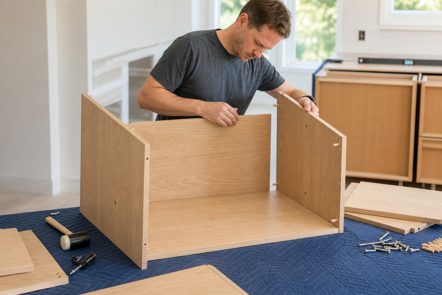 Installer assembling an RTA cabinet box from flat-pack oak panels