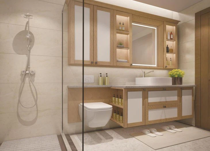 Affordable Stylish Bathroom Cabinets in Mississauga with wall-mounted vanity, open shelving, and modern lighting