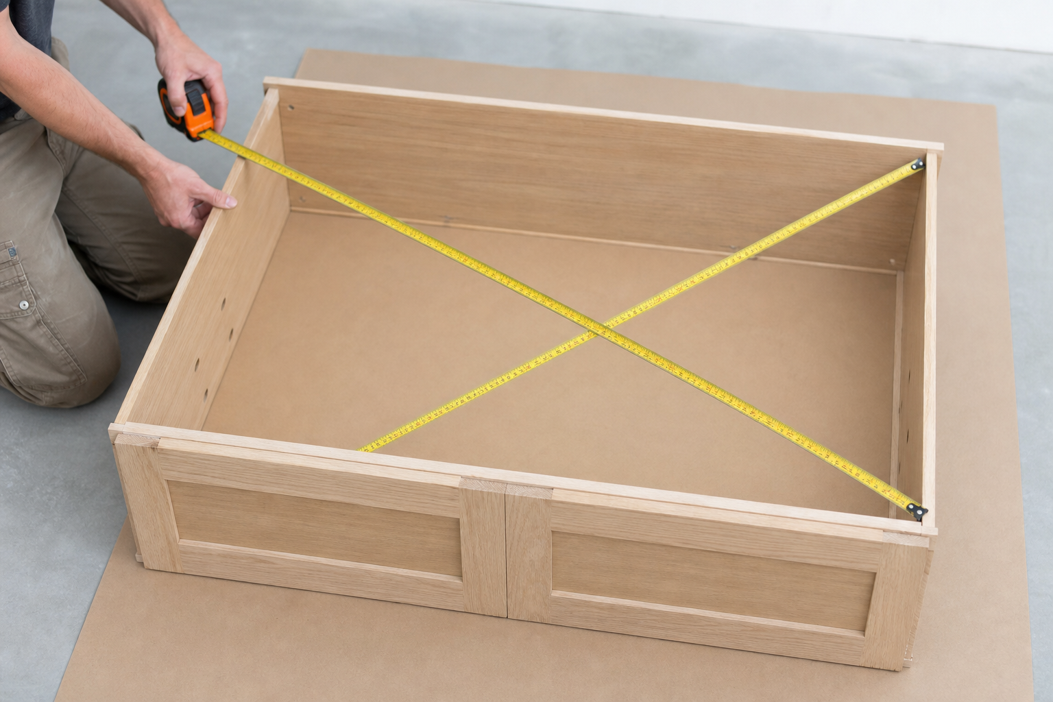 Checking an RTA cabinet box for square with diagonal tape measurements
