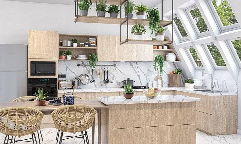 Bright Scandinavian kitchen with Eco-Friendly Kitchen Cabinets in light wood, marble countertops, and hanging shelves filled with indoor plants